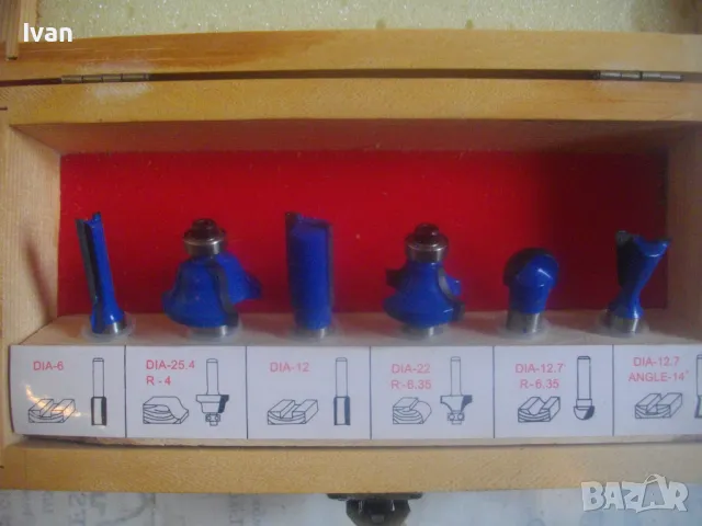 НОВ НЕМСКИ КОМПЛЕКТ 6 БРОЯ ФРЕЗИ ФРЕЗЕРИ ЗА ОБЕРФРЕЗА ЗА ДЪРВО ЗАХВАТ ОПАШКА ф8мм В ДЪРВЕНА КУТИЯ, снимка 2 - Други инструменти - 49775097