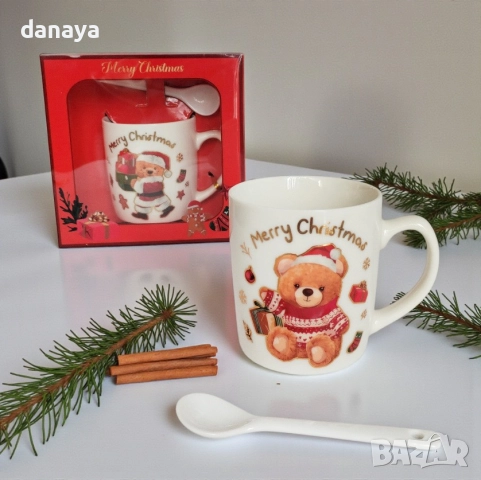 6239 Коледна чаша Merry Christmas с мече и лъжичка, 180мл, снимка 3 - Чаши - 52661003