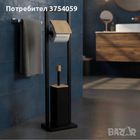 Стойка 2в1 Cheffinger за баня с тоалетна четка и държач за тоалетна хартия – метал и дърво, снимка 2 - Други стоки за дома - 53174995