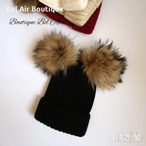 Зимна шапка с помпони от естествен косъм, зимни шапки, естествен пух, снимка 2 - Шапки - 52626026