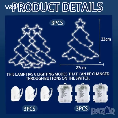 Коледна елха,Пакет от 3 светодиода за, осветен прозорец за коледна украса, LED декорация за прозорци, снимка 2 - Лед осветление - 49832130