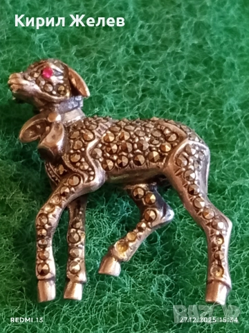 Винтидж сребърна брошка в формата на АГНЕ с МАРКЕЗИТ и РУБИНИ Ретро Арт бижу 41072, снимка 2 - Антикварни и старинни предмети - 52912981