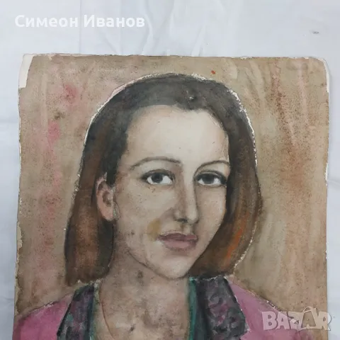 Интересна стара картина акварел портрет SG2025, снимка 3 - Картини - 47577249