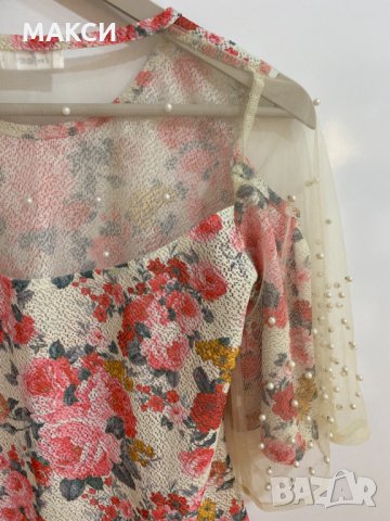 Маркова бутикова ефектна блузка с приказна декорация и прозрачни елементи в свеж флорален десен, снимка 7 - Туники - 33999620