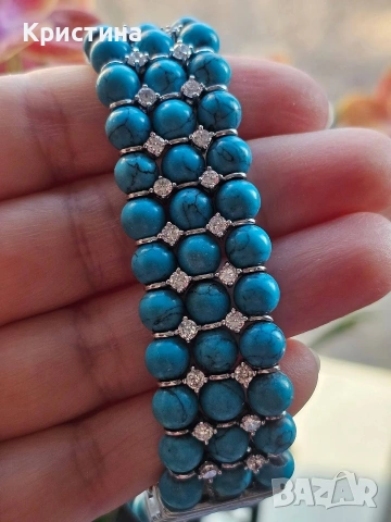 Уникална сребърна гривна с Тюркоази и Рубини, снимка 8 - Гривни - 54058793