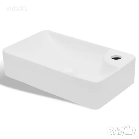 vidaXL Керамична мивка за баня с корито и отвор за смесител, бяла