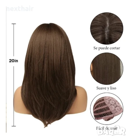 Тъмно кафява 40 см синтетична перука с бретон, снимка 2 - Аксесоари за коса - 50666555