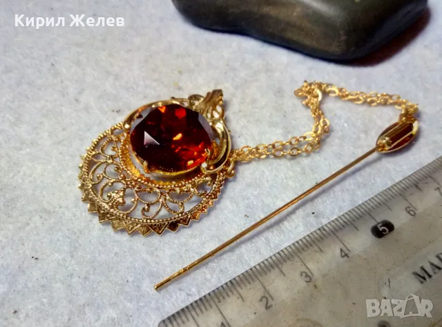 ШАРМАНТНА АРИСТОКРАТИЧНА ПОЗЛАТЕНА РЕТРО СТИЛ БРОШКА АРТ ИГЛА ЗАБОДКА с ФАСЕТИРАН ЦИТРИН 48808, снимка 2 - Други - 48734344