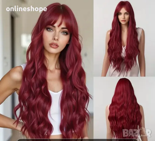 Дълга червена коса перука с бретон – Дължина : 76 см - Термоустойчива, снимка 2 - Аксесоари за коса - 49663340