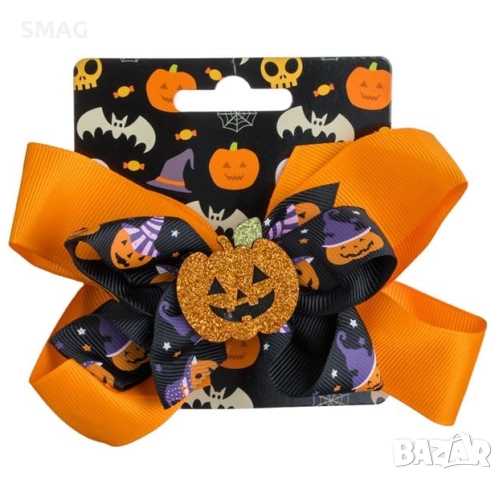 Хелоуин / Halloween фиба за коса, оранжева и черна панделка с тиква с оранжев брокат, 13 см_1239896, снимка 3 - Шноли, диадеми, ленти - 52110589