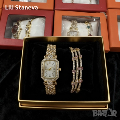 Луксозен дамски комплект: часовник и гривни в златист цвят., снимка 2 - Дамски - 52564443