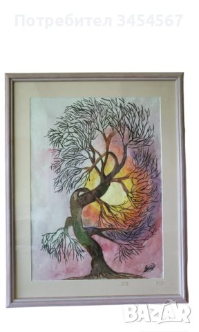 Ръчно рисувана картина "Танцуващо дърво" 62/48акварел, снимка 2 - Картини - 42306365