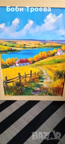 Есенно Селско Платно за Стена 30см.x 40см.- Живописен Есенен Пейзаж с Къща ,Златни Дървета , снимка 3 - Картини - 51974573