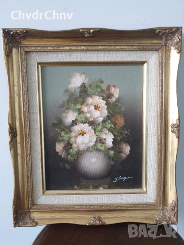 36х31см/малка картина масло върху платно/натюрморт ваза с цветя/барокова дървена рамка