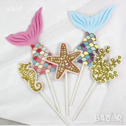 Морско дъно Опашка Русалка морско конче  водорасло 5 бр брокатени топери украса декор за торта парти, снимка 3 - Други - 23874086