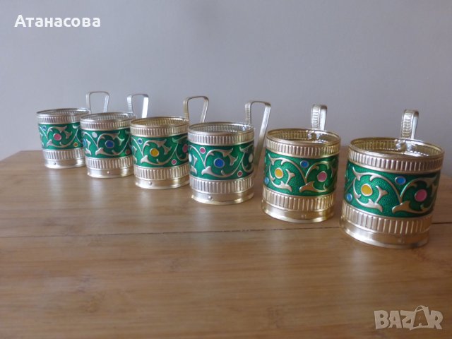 Руски подстакани 6 бр сервиз зелени с цветни кръгове