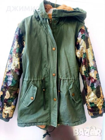 Красиво детско яке, ръкав паети, качулка естествен косъм, снимка 5 - Детски якета и елеци - 31836920