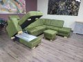 Зелен П образен ъглов диван от плат с функция сън и табуретка KS5044, снимка 4