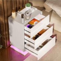 Нощно шкафче с LED светлини и 3 лъскави чекмеджета, бяло нощно шкафче за обзавеждане за спалня, моде, снимка 6 - Шкафове - 44793211