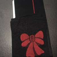 S/M дамски чорапи за жартиери в черно, с червена пета, ръб и панделка, снимка 4 - Бельо - 42642902