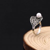 Сребърен пръстен листенце и перла за жени - 925, снимка 4 - Пръстени - 29287937