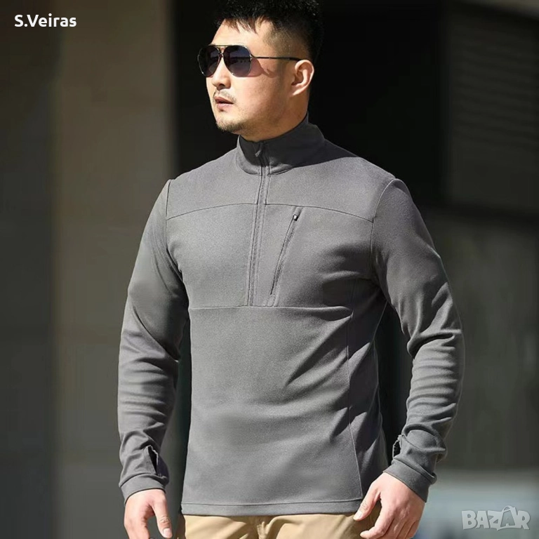 Мъжки пуловер, с дълъг ръкав и джоб, кадифен пуловер, Slim Fit, Цвят-Сив, снимка 1