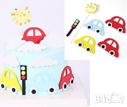 Кола Автомобил Слънце светофар гумирани топери украса декор за торта рожден ден, снимка 1