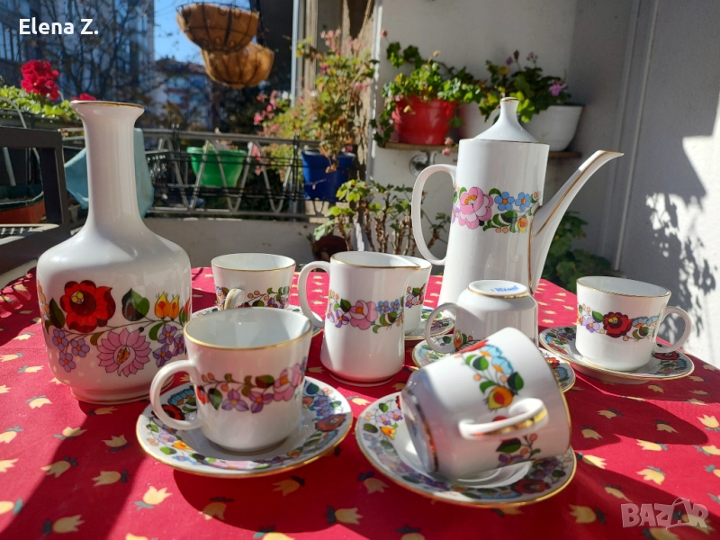 Ръчно рисуван сервиз за кафе и ваза - Kalocsa Унгария, снимка 1