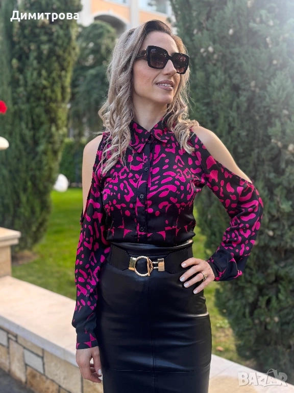 Дамска  черно с розово сатенена риза с  животински принт  голи рамене XS-XL, снимка 1