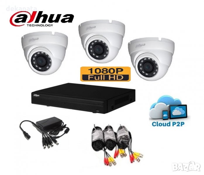 Full HD 1080р Куполен комплект DAHUA - DVR DAHUA, 3 куполни камери DAHUA 1080р, кабели, захранване, снимка 1