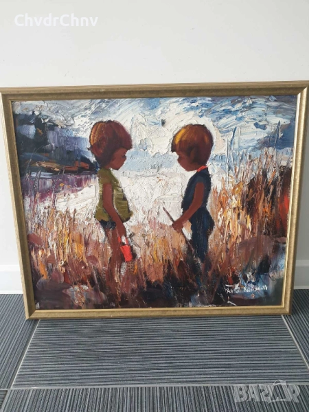 Folke Larsson 66х55см/стара шведска картина масло върху платно/деца-момче-момиче/дървена рамка, снимка 1