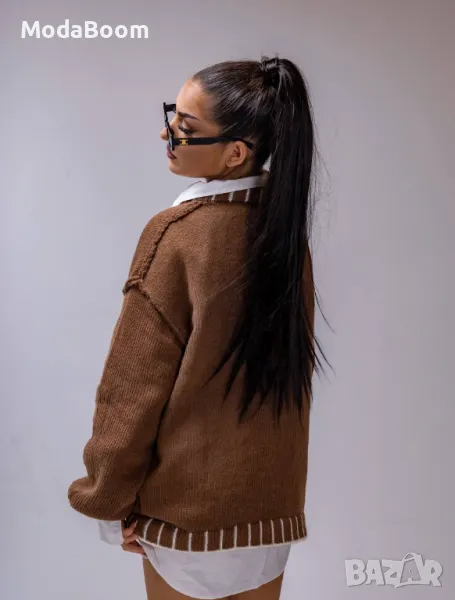 Стилен дълъг дамски кафяв пуловер , снимка 1