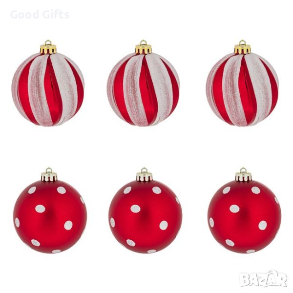 6 броя Комплект Червени коледни топки с точки, 8см, снимка 1