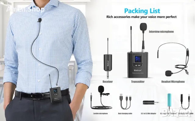 Bietrun UHF безжична петлична микрофонна система/микрофон за слушалки, снимка 2 - Безжични слушалки - 48984583