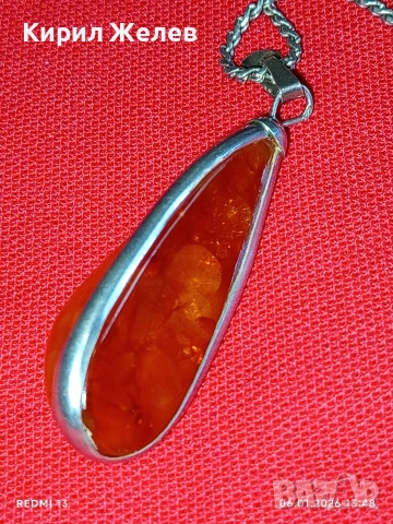 Сребърен ланец плетка тип КОРАБНО ВЪЖЕ и висулка с КЕХЛИБАР ювелирна изработка 47258, снимка 8 - Колиета, медальони, синджири - 53005809