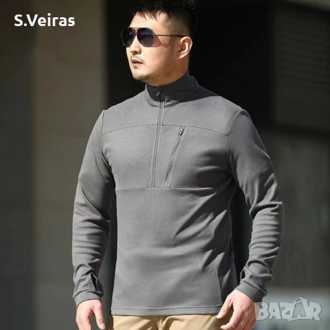 Мъжки пуловер, с дълъг ръкав и джоб, кадифен пуловер, Slim Fit, Цвят-Сив