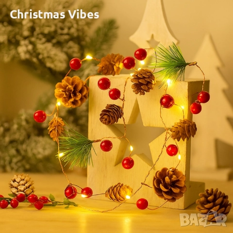 Светеща коледна украса с LED светлини, шишарки и борови клонки