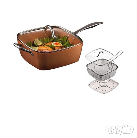 Migas Copper Pan квадратен тиган със стъклен капак-5 начина на готвене, снимка 2 - Съдове за готвене - 42754637
