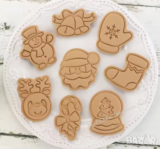 8 бр Коледни Снежен човек елха чорап дядо пластмасови разглобяеми резци форми фондан тесто бисквитки, снимка 4 - Форми - 52449458