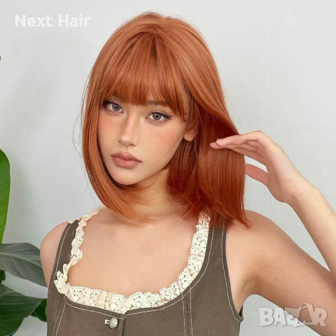 Къса боб светло оранжева синтетична перука с бретон, снимка 3 - Аксесоари за коса - 44679924