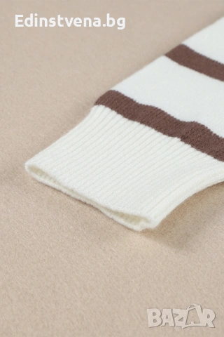 Дамска бяла рокля тип пуловер с кафяви райета и цип, снимка 13 - Рокли - 53081823