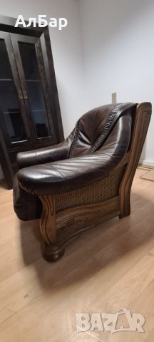 Коплект диван с два фотьойла, дърво, ратан и естествена кожа, снимка 4 - Дивани и мека мебел - 39791137