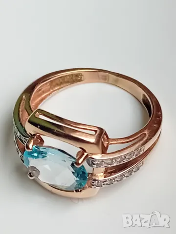 Руски златен пръстен с естествен топаз и фианити, снимка 2 - Пръстени - 49539818