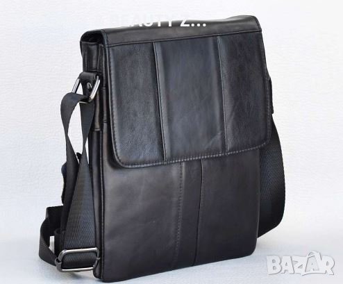 Мъжка  кафява кожена чанта с капак от телешки бокс черно, дъб  и  тик, снимка 6 - Чанти - 38999742
