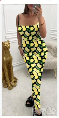 Черна слим рокля с лимони