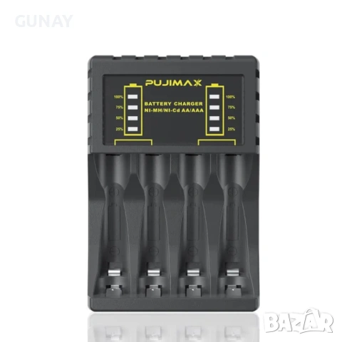PUJIMAX Зарядно за Ni-MH батерии AA/AAA с 4 гнезда и LED дисплей, снимка 2 - Батерии, зарядни - 54004468