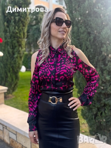 Дамска  черно с розово сатенена риза с  животински принт  голи рамене XS-XL