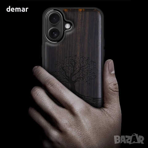Дървен магнитен калъф Carveit за iPhone 17, гравирано дърво и черен мек TPU, снимка 2 - Калъфи, кейсове - 52119302
