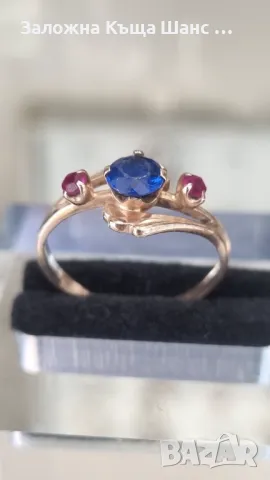 Златен пръстен 14к СССР  проба 583 със сапфир и рубини , снимка 3 - Пръстени - 47787265