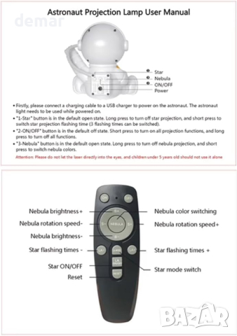  Astronaut Galaxy Звезден проектор за деца, 360°, нощна светлина с дистанционно, снимка 2 - Детски нощни лампи - 44619720